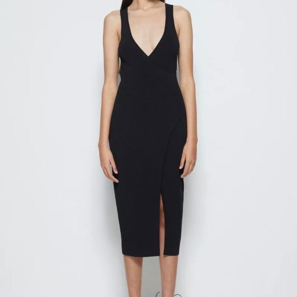 Jonathan Simkhai Milani Ribbed Black Wrap Midi Dress Size Small LBD Slit